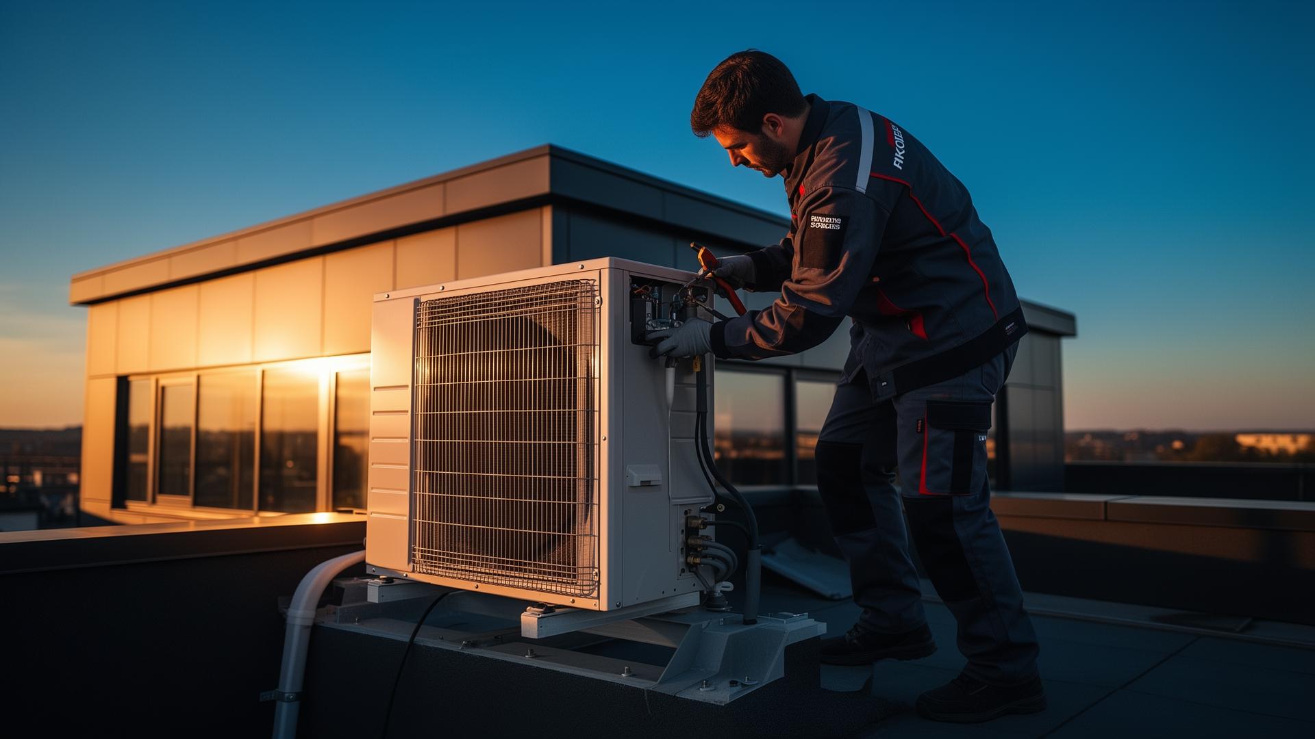 Επαγγελματίας HVAC εγκαθιστά μονάδα κλιματισμού σε σύγχρονο κτήριο